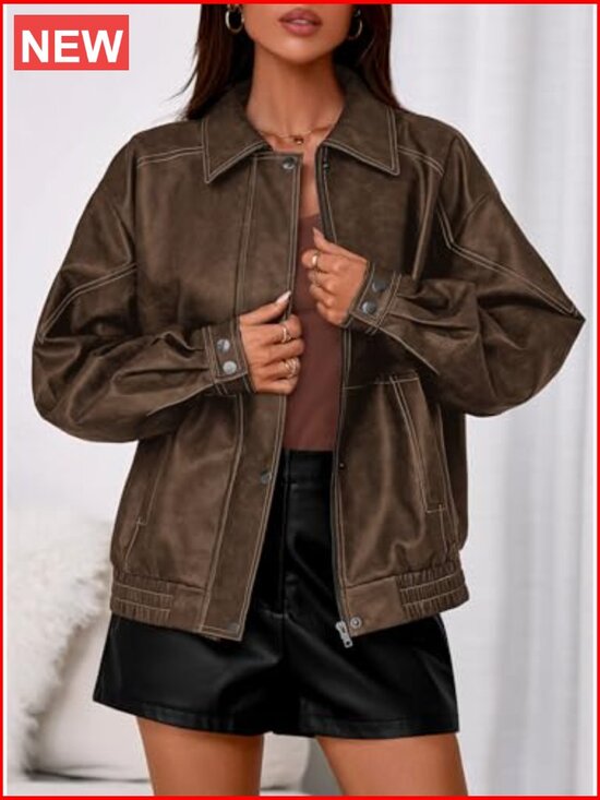 Faux Leather Jacket Women Bomber Motorcycle Zip Up Oversized - Picture 2 of 7